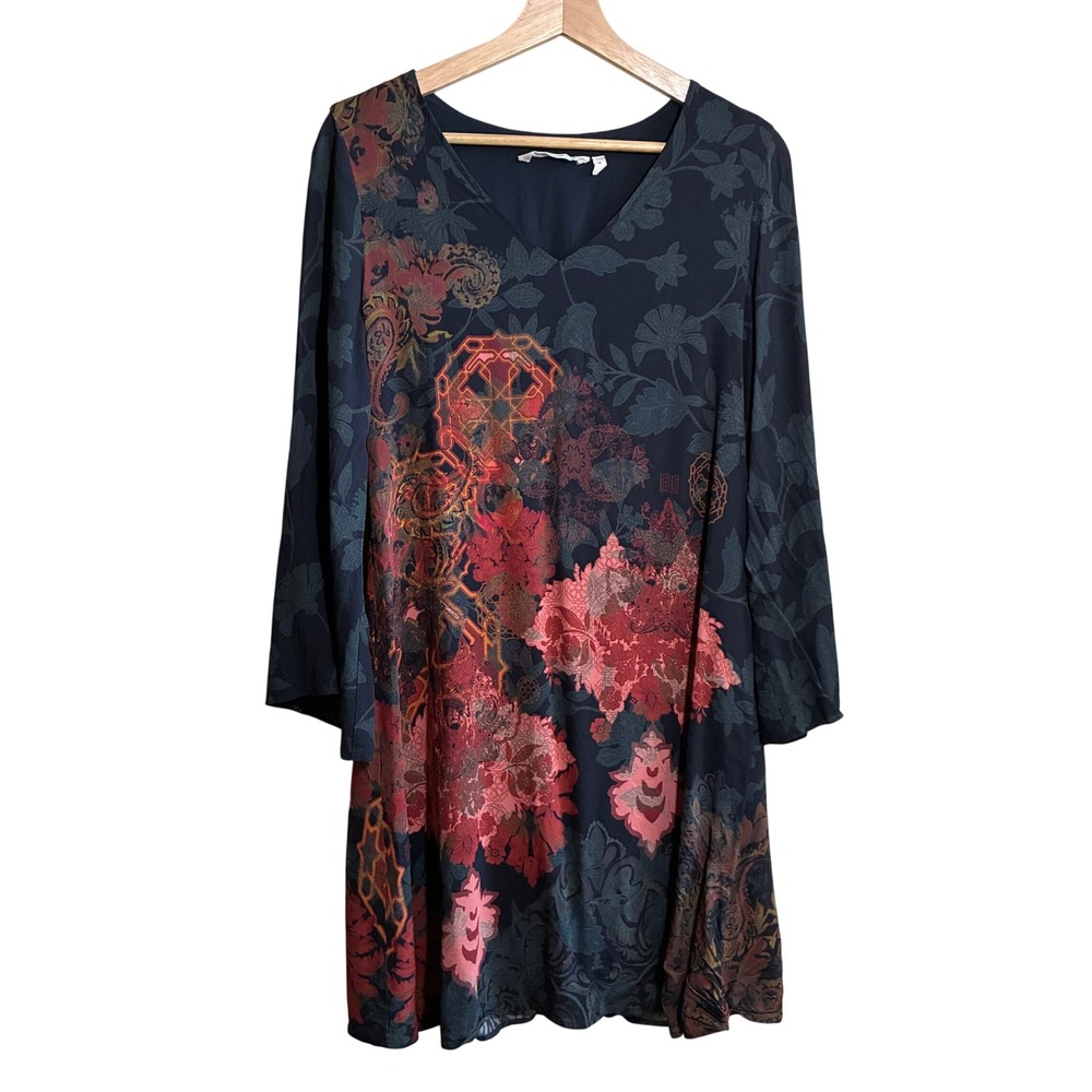 Soft Surroundings Floral Rayon Shift Dress Medium Navy Blue Women Long Sleeve